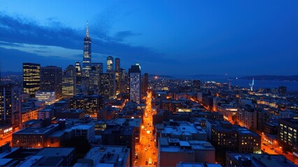 Naklejka premium Generative AI, Dynamic Urban Skyline at Dusk