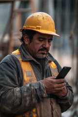 Obraz premium Worker with smartphone at construction site with space for text
