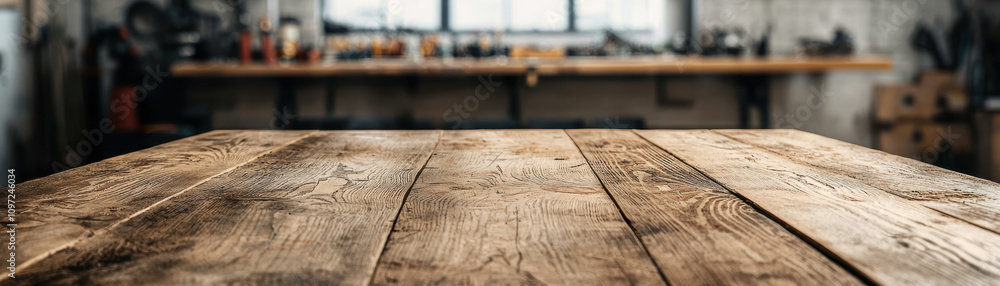 Poster a close-up view of a rustic wooden table in a workshop, highlighting its grain and texture, with a b