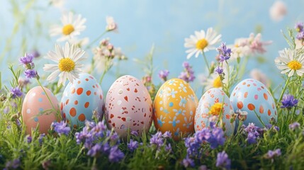 Vibrant Easter Eggs Surrounded by Colorful Spring Flowers