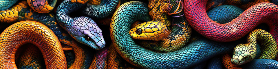 Obraz premium Slimy Snake Symphony: A group of colorful snakes intertwined in intricate patterns.