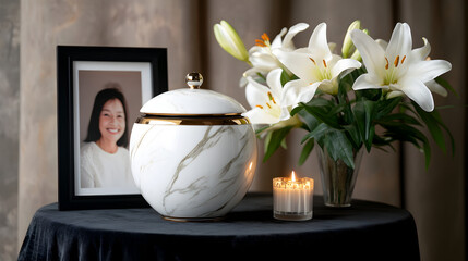 Elegant White Marble Funeral Urn with Golden Accents Surrounded by White Lilies, Lit Candle, and Framed Portrait for a Serene Memorial