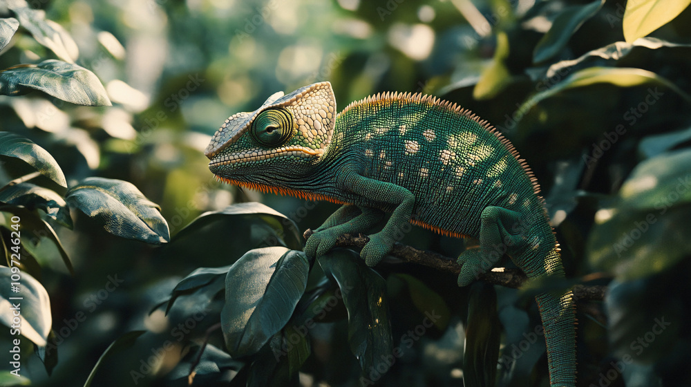 Aufkleber chameleon on a branch surrounded by lush greenery, displaying its vivid skin patterns and captivatin