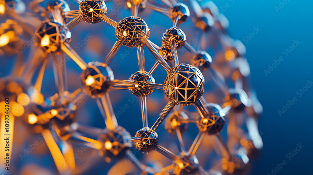 Poster complex molecular structure forming a network of interconnected atoms and molecules, symbolizing sci