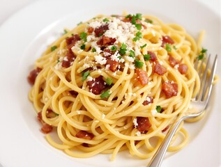 A plate of authentic spaghetti carbonara with creamy sauce, bacon, and grated cheese.