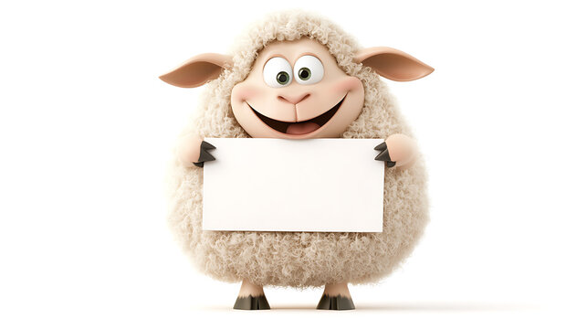 cheerful cartoon sheep holding blank sign, ready for messages or announcements. This adorable character brings playful touch to any design