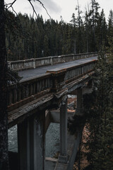 Walking bridge by Yellowstone River on a gloomy fall day in Yellowstone National Park Wyoming