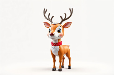Cute cartoon reindeer character with antlers and red collar on a plain background