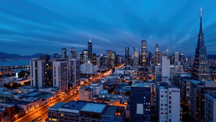 Generative AI,  Dynamic Urban Skyline at Dusk