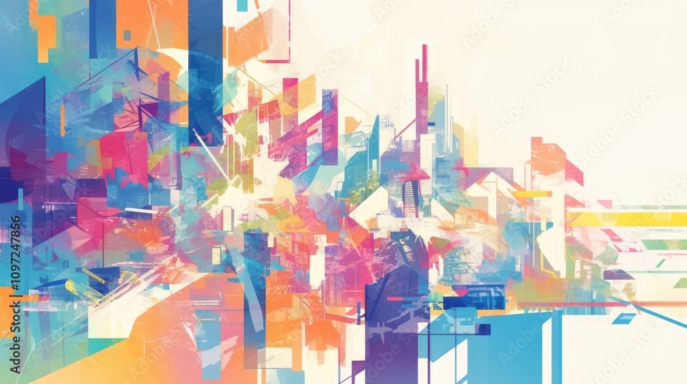 Poster a cityscape where the buildings are made up of melting colors and shapes creating a constantly shift