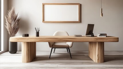 Picture Frame Above Wooden Desk: Commercial Photograph