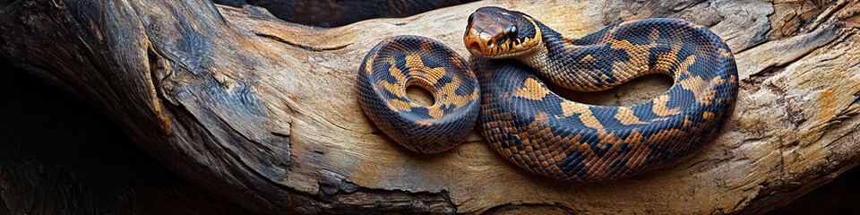 Obraz premium Sleek Serpent: A close-up of a snake, elegantly curled around a wooden log.
