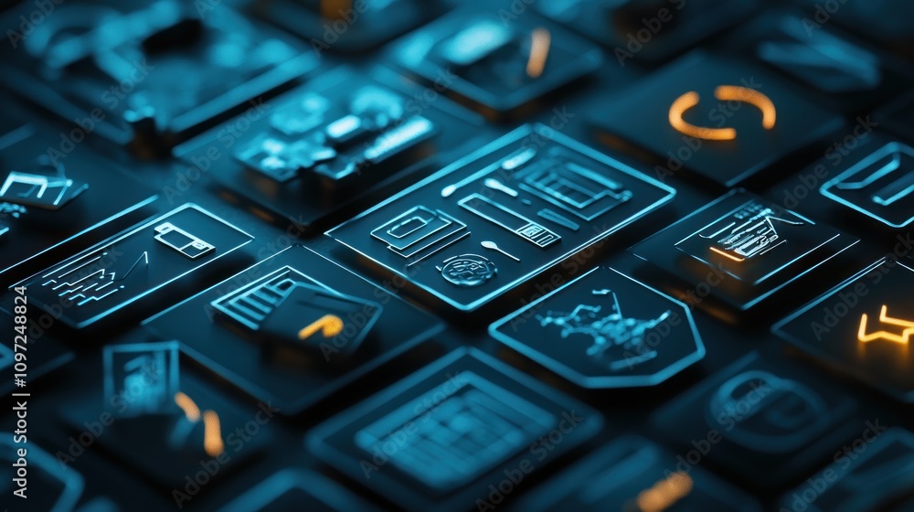 Poster abstract blue digital interface showing various icons