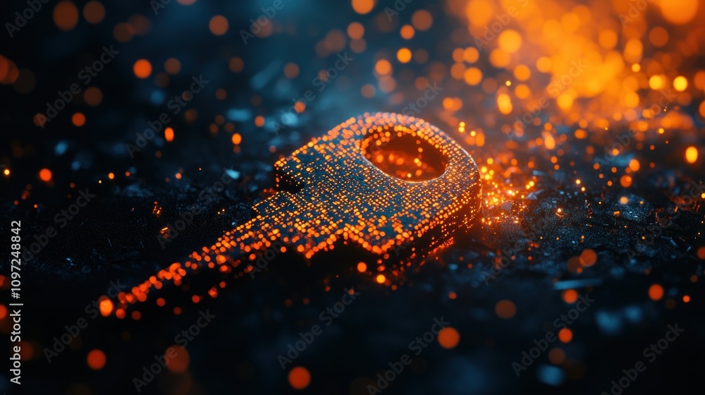 Poster glowing digital key on dark background with bokeh lights.