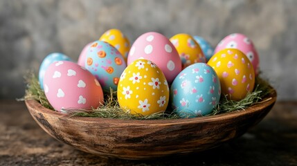Fototapeta premium Colorful Easter Eggs in a Rustic Bowl with Floral Designs