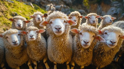 Group of sheep gathering on a sunny hillside in a picturesque rural setting