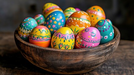 Fototapeta premium Vibrant Collection of Hand-Painted Easter Eggs in Rustic Bowl