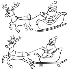 Santa Claus on sleigh flying sky with reindeers set