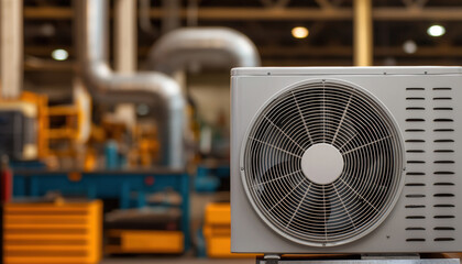 A close-up of an industrial fan unit in a factory setting, showcasing its design against a backdrop of machinery and pipes.