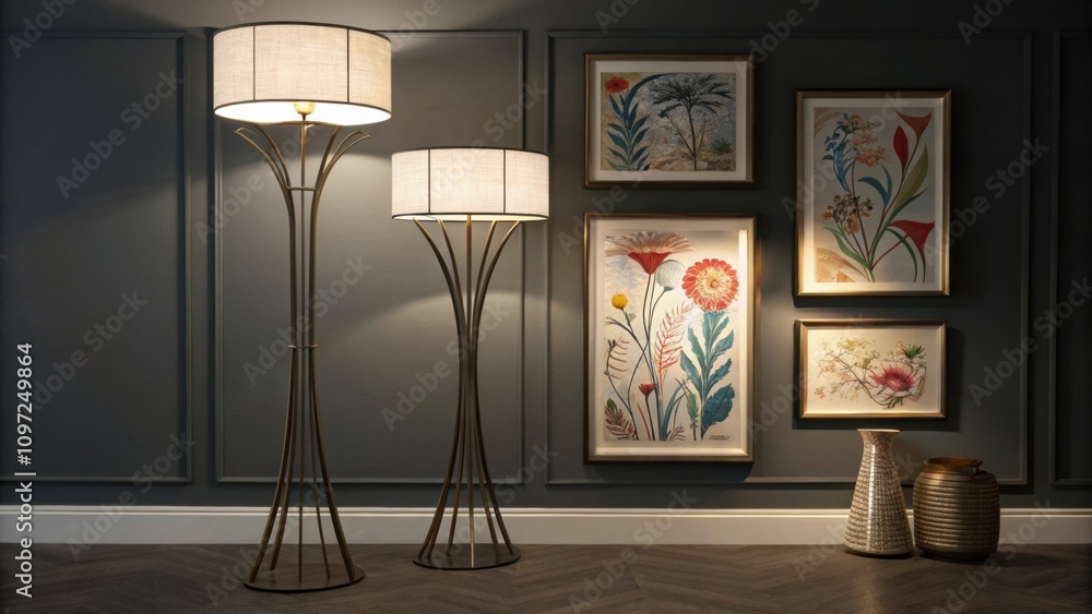 Poster soft ambient lighting emanates from stylish floor lamps casting a gentle glow on framed artwork disp