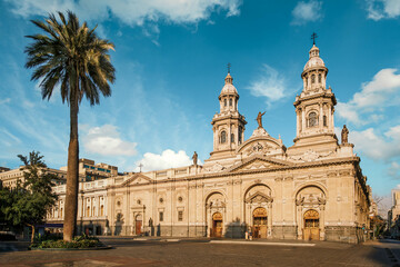The exterior of the Metropolitan Cathedral of Santiago, Chile, facing Plaza de Armas. The original...