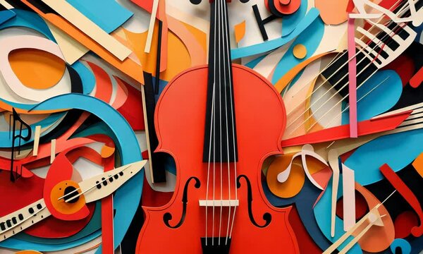 Abstract collage of vibrant cutout images of musical instruments and notes.