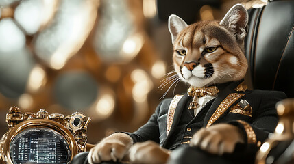 puma in black and gold business suit sits confidently in luxurious setting, exuding elegance and sophistication. intricate details of suit and opulent background enhance majestic aura