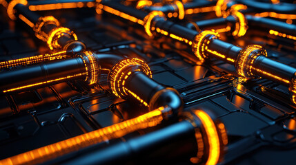 Data Flow Pipeline Integration Concept. A close-up view of glowing pipes interconnected on a dark surface, creating a futuristic and industrial appearance with vibrant orange highlights.