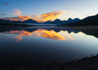sunrise over a lake. Lake McDonald, Glacier National Park, Montana.