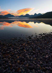 sunrise over a lake. Lake McDonald, Glacier National Park, Montana.