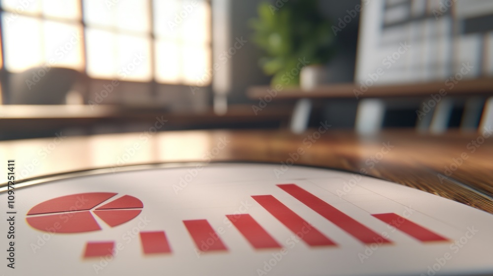 Poster Close-up of red bar graph and pie chart on a wooden table.