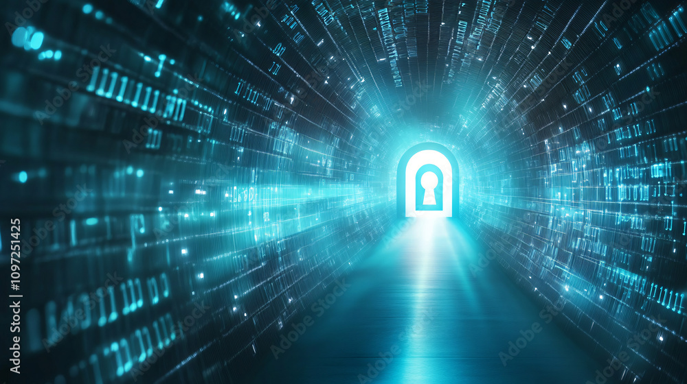 Poster Binary code streaming along walls with light shining from keyhole at end of data tunnel, symbolizing cybersecurity and data protection