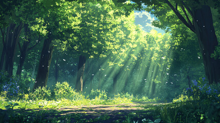 Obraz premium Sunbeams are filtering through trees in a lush green forest, creating a magical atmosphere