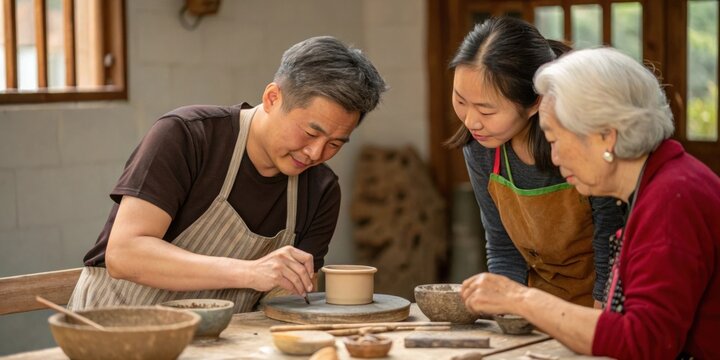 Experienced craftsman demonstrates pottery making to two attentive female students in his workshop, sharing knowledge and traditional techniques
