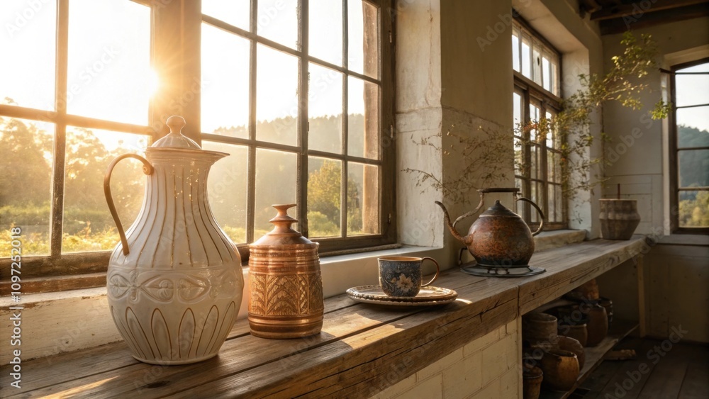 Poster sunlight streams through large windows casting a golden glow on the handcrafted ceramic vases p on a