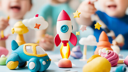 Obraz premium Colorful toy rocket launching among playful clay figures, creating joyful atmosphere. Children enjoy imaginative play with vibrant toys and creative designs