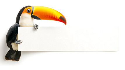 vibrant toucan with large orange beak holds blank sign, perfect for adding your message. This colorful bird adds playful touch to any design