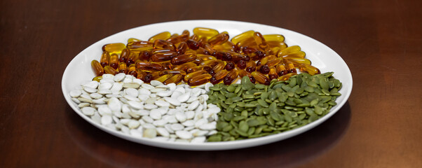 Pumpkin seeds in various versions, seed oil rich in nutrients for prostate treatment, men's health, magnesium, cardiovascular.