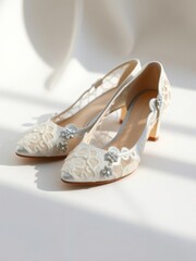 Obraz premium Beautiful wedding shoes on a white background with lace details, lace, traditional, white background, heels