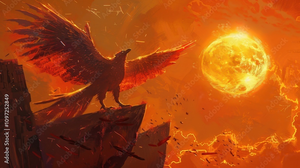 Poster a majestic creature with iridescent feathers and feathered wings took flight from a faroff planet ba