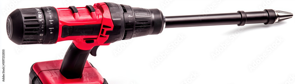Poster a red and black cordless drill with an extended bit, designed for various drilling tasks in construc