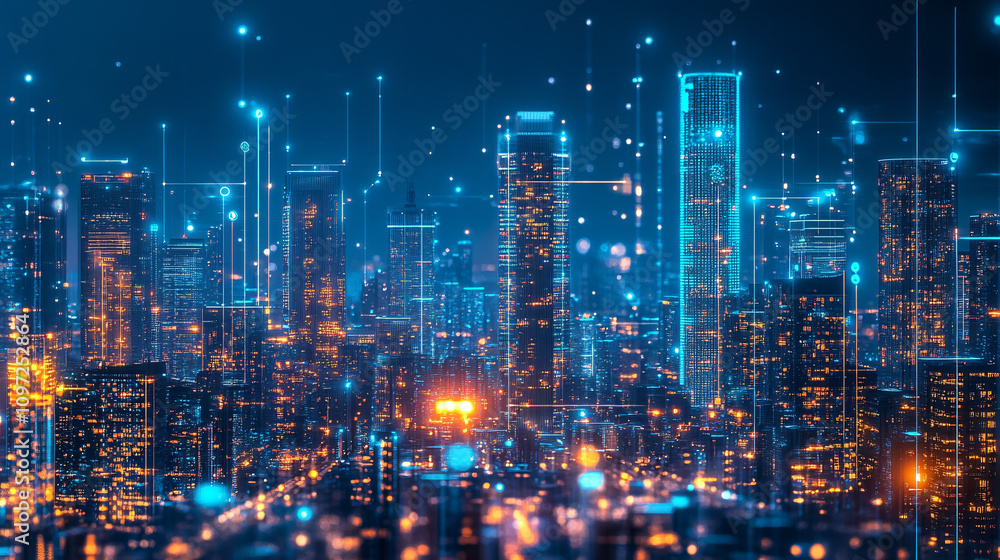 Poster Illuminated cityscape at night with network connections linking buildings, symbolizing data flow and smart city technology