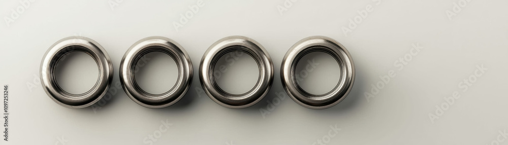 Poster four metallic rings arranged in a row on a smooth surface, showcasing a sleek design and a reflectiv