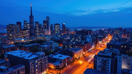 Fototapeta premium Generative AI, Dynamic Urban Skyline at Dusk