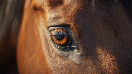 Detailed close-up of a chestnut horse's eye, showing intricate eyelashes, brown iris, and surrounding fur