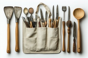 Collection of Vintage Kitchen Tools and Utensils Organized in a Canvas Apron Displayed on a Clean White Background for Culinary Themes and Cookware Illustrations