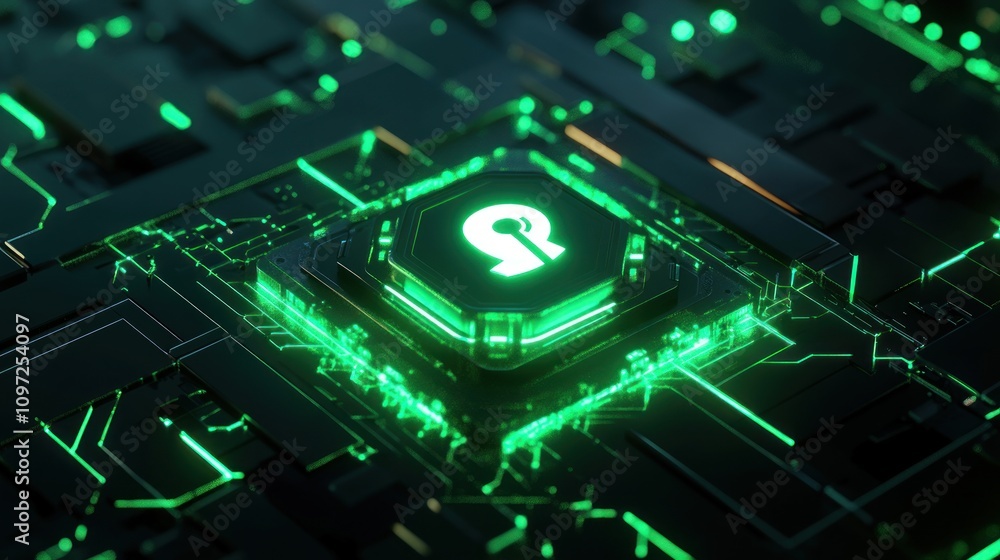 Aufkleber a futuristic circuit board with a glowing lock symbol, representing cybersecurity.