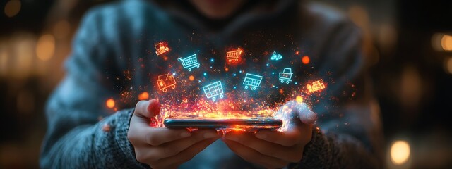  Smart retail technology and omnichannel concept. A person touching retail marketing icon on the virtual screen for channel E-commerce shopping. online retail shopping and omni-digital app design 

