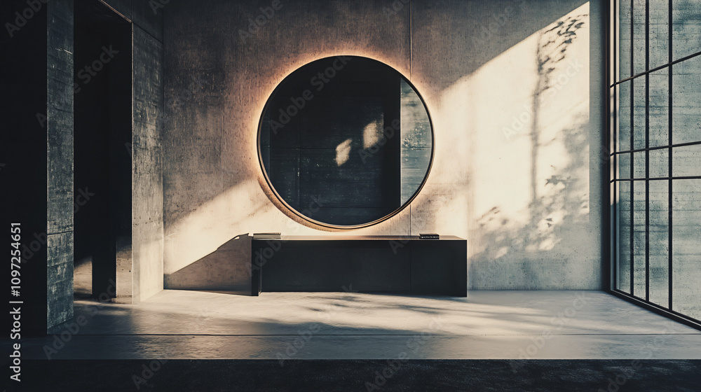 Poster sunlight streams into a modern minimalist interior, illuminating a large round mirror above a consol