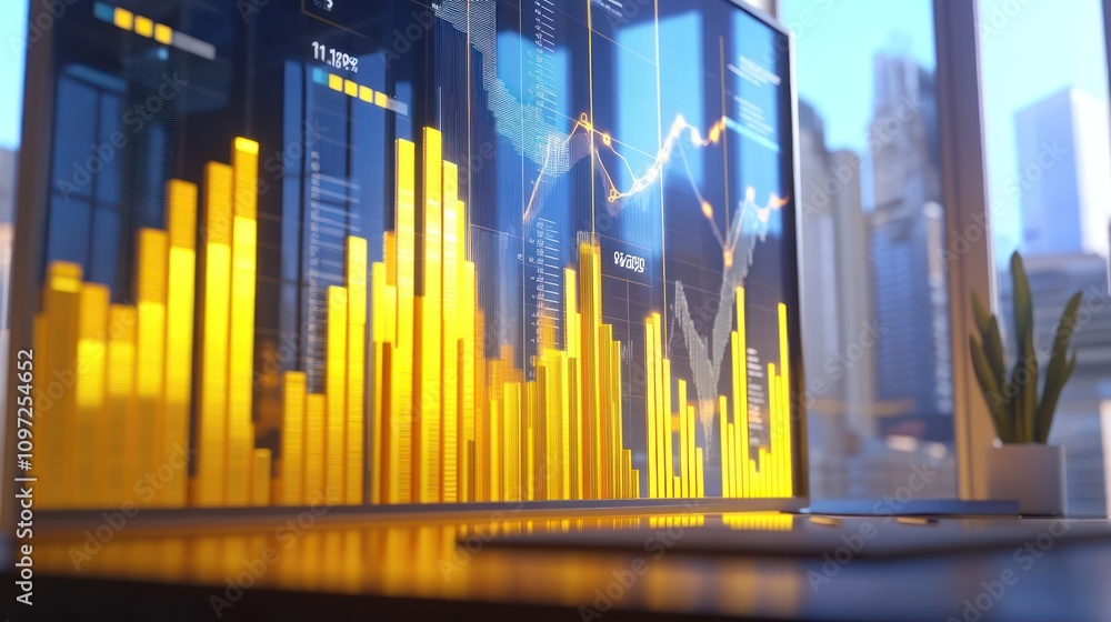 Aufkleber laptop screen displays financial charts and graphs in an office setting.